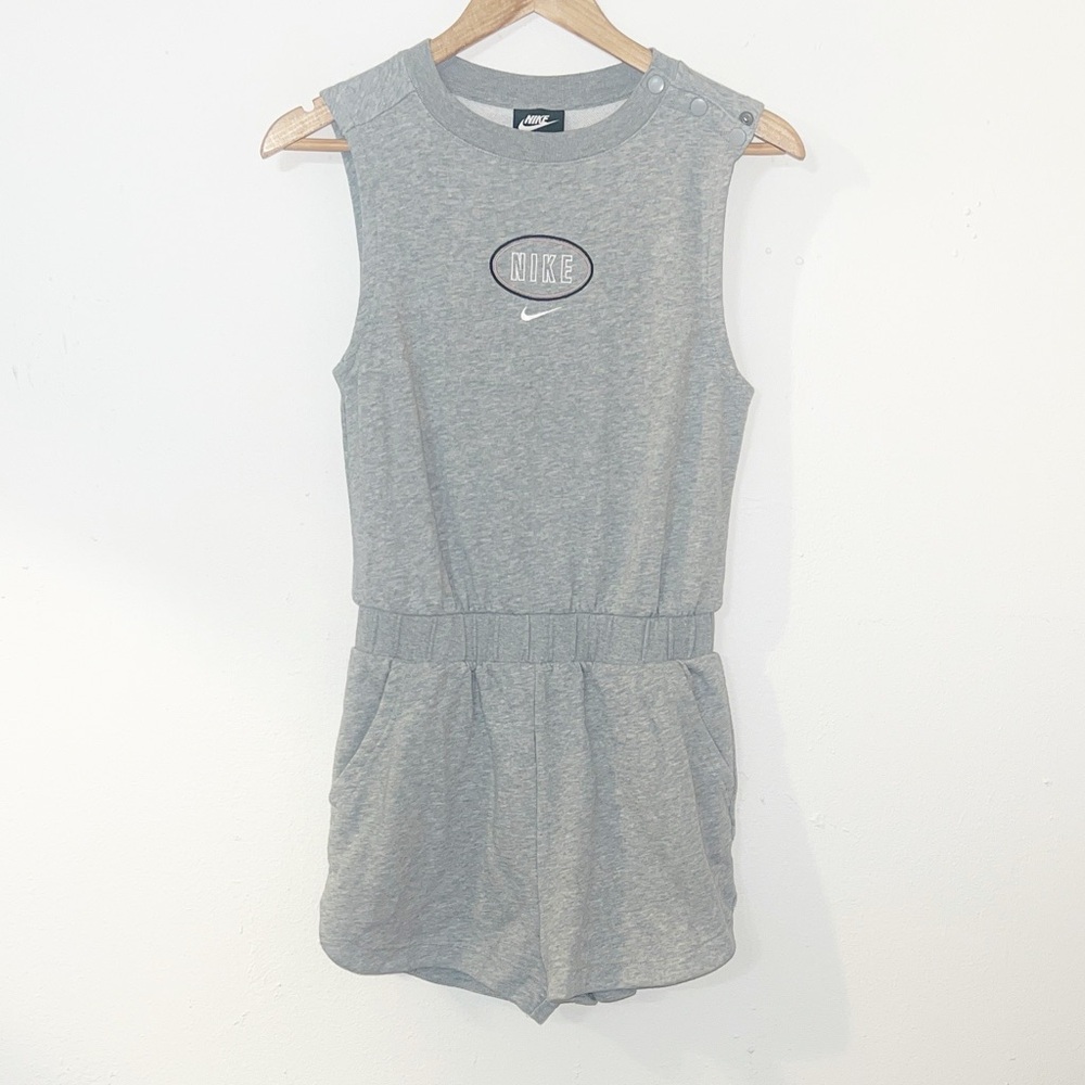 Nike women’s sleeveless gray varsity logo shorts athleisure comfy romper